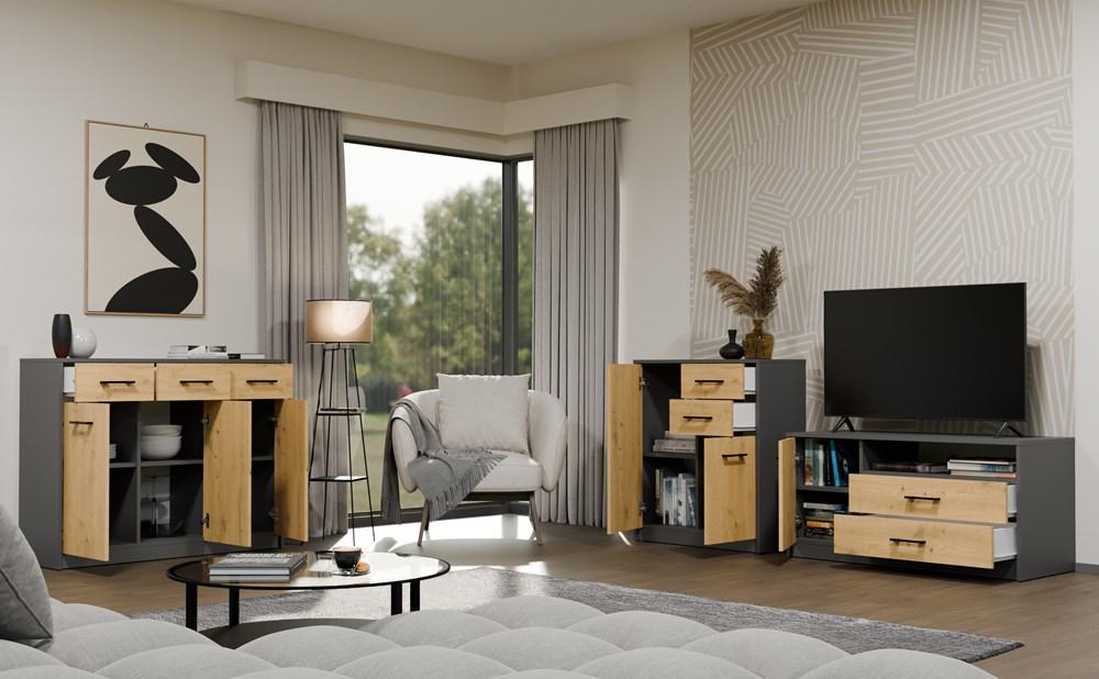 Komoda Simplo 2D2S Szafka 74 Cm 2 Drzwi 2 Szuflady Antracyt Dąb Artisan
