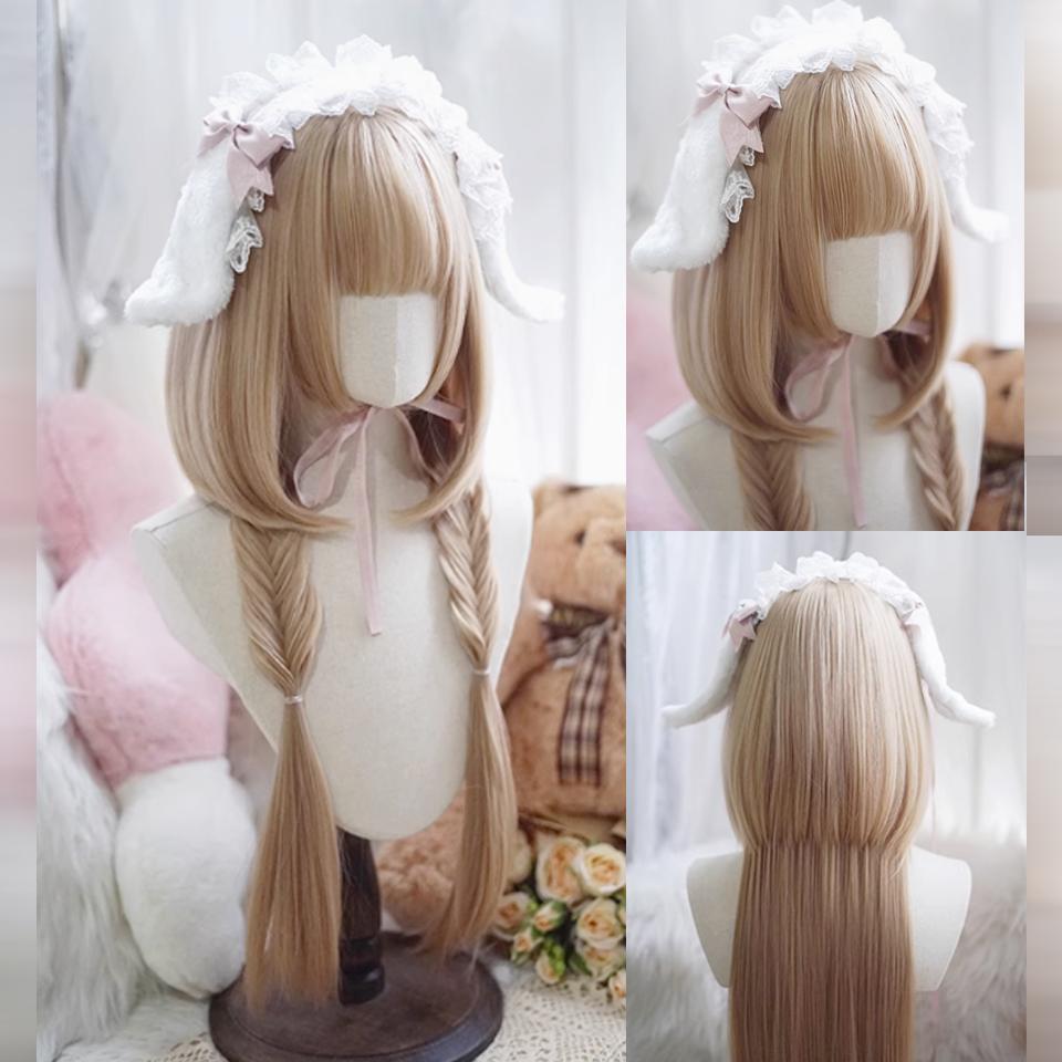 WTB Syntetická paruka Lolita Dámské vrstvené vlasy, mléčný čaj blond, dlouhé rovné vlasy s ofinou, vánoční cosplay paruka