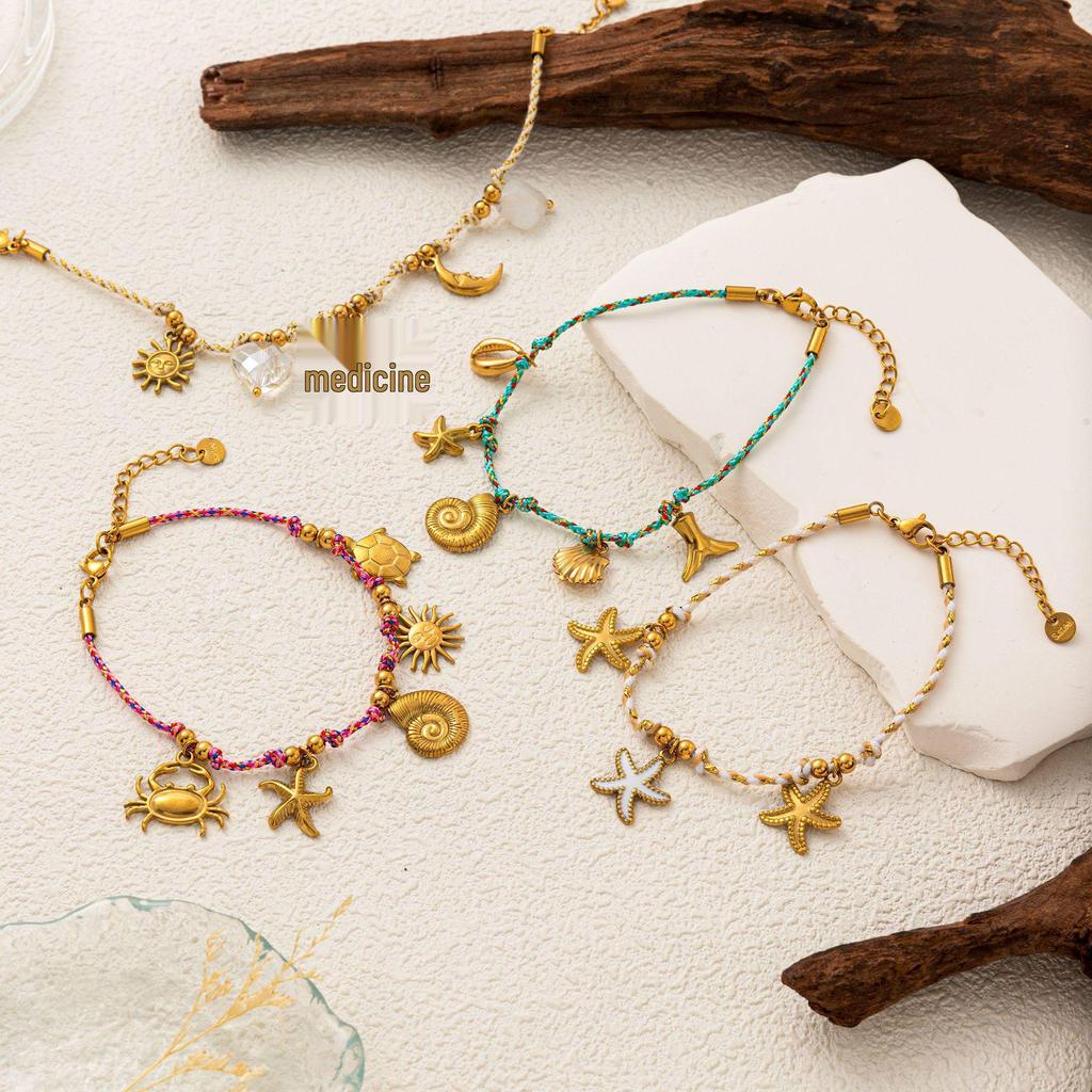 Dopamine Necklace and Bracelet with Whale, Starfish, Shell, 18k Stainless Steel, Multi-Color Conch Pendant.