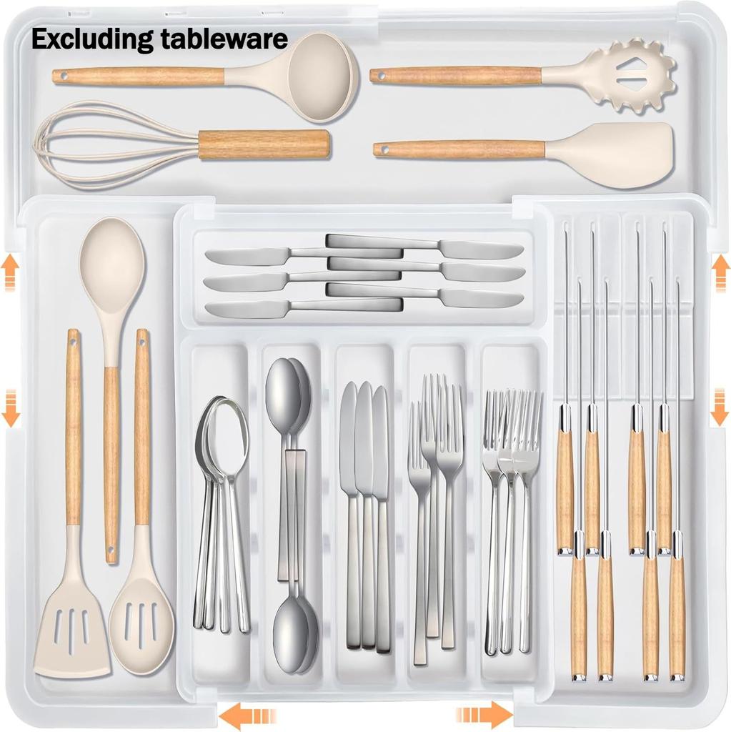 9-Compartment Expandable Cutlery Organizer| Large-Capacity Plastic Drawer Tray for Forks, Spoons, and Kitchen Utensils