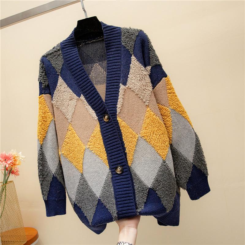 Autumn and Winter Lazy Wind V-neck Cardigan Loose Knitted Square Long Section Sweater Female Jacket Comfortable Versatile and Fashionable