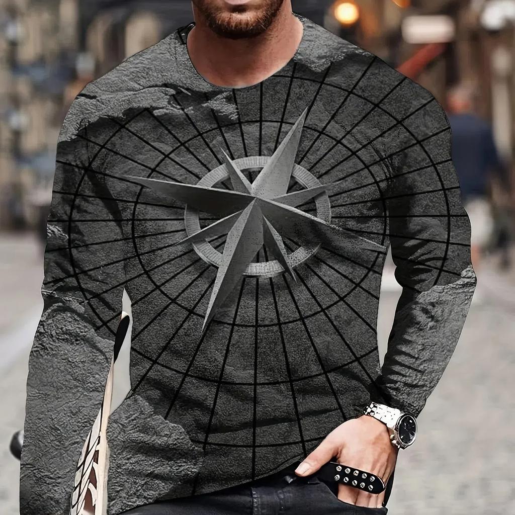 Compression Shirt Vintage Men's O-Neck Long Sleeved T-Shirt Nautical Print Tops Fitness Sunscreen Quick Dry Breathable T Shirts