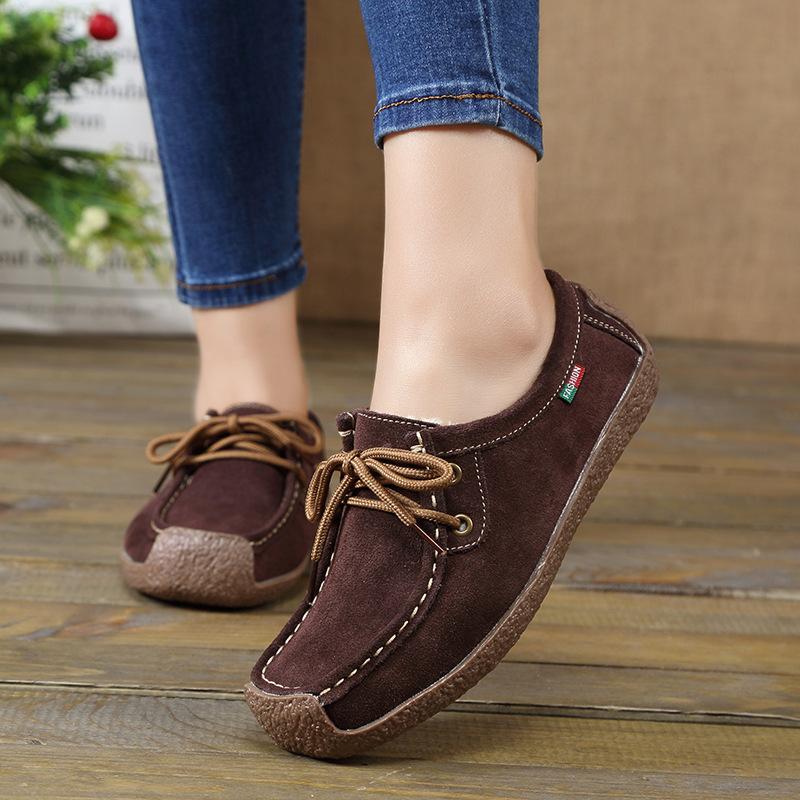 Spring single shoes female true versatile Doudou shoes women's casual flat single shoes lace-up snail shoes mother shoes