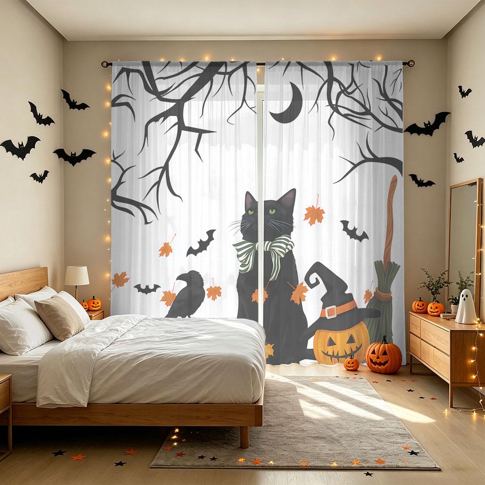 2Pcs Halloween Black Cat Bare Branch Pumpkin Bat Rod Pocket Curtains Double Panel Window Curtain Bedroom Living Room Hallowee