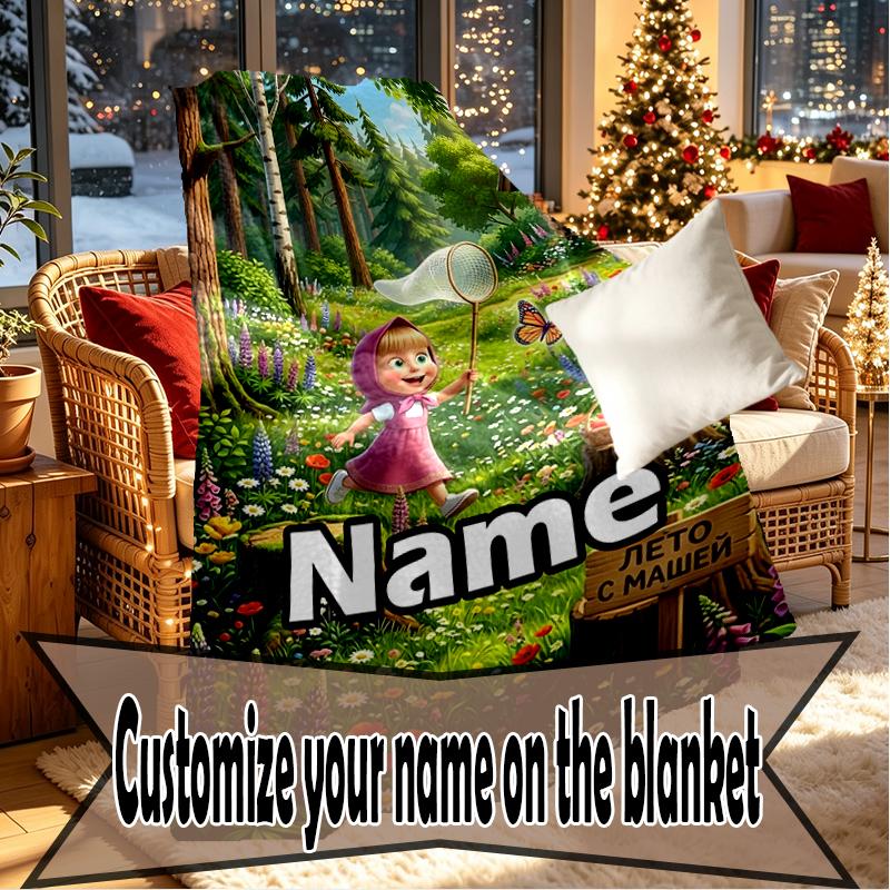 Custom Name Personalized Masha and The Bear Print Blankets, Home Decor, Bedroom, Sofa, Camping, Couch, Gifts for Birthday Christmas
