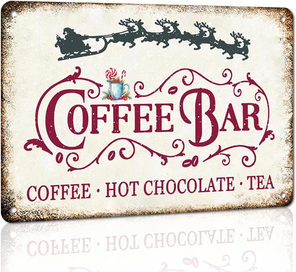 Vintage Christmas Coffee Bar Sign Hot Chocolate and Tea Aluminum Metal Signs for Kitchen Cafe Pub Home Coffee Station Christmas