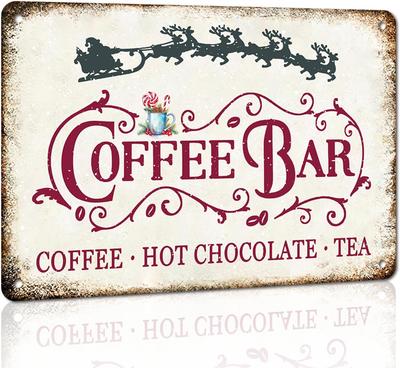 Vintage Christmas Coffee Bar Sign Hot Chocolate and Tea Aluminum Metal Signs for Kitchen Cafe Pub Home Coffee Station Christmas
