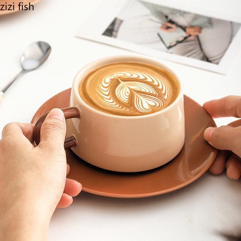 250ml Ceramic Coffee Cup and Saucer Set Milk Tea Cups Oatmeal Breakfast Cups Office Water Cup Milk Mug Afternoon Tea Mug Teacup
