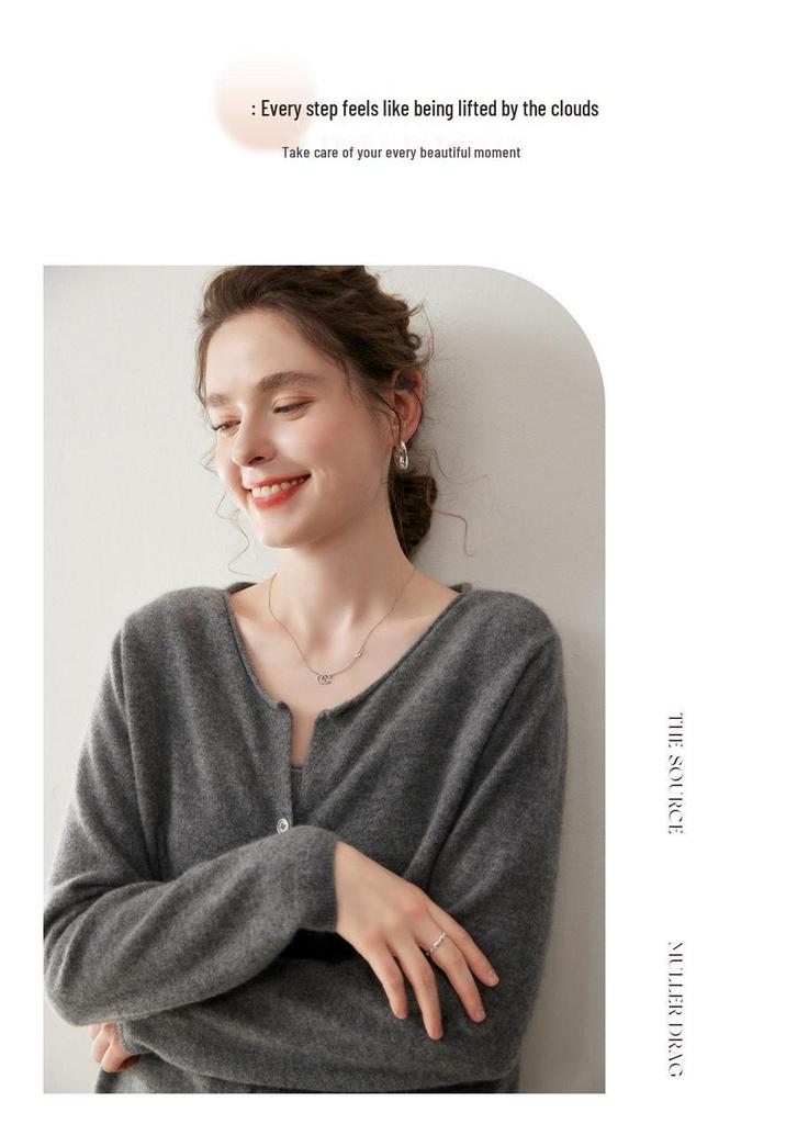 Korean Style Light Luxury Cashmere Cardigan - Women's Round Neck, Rolled Hem, Loose Fit, Slimming Knitwear Versatile Top