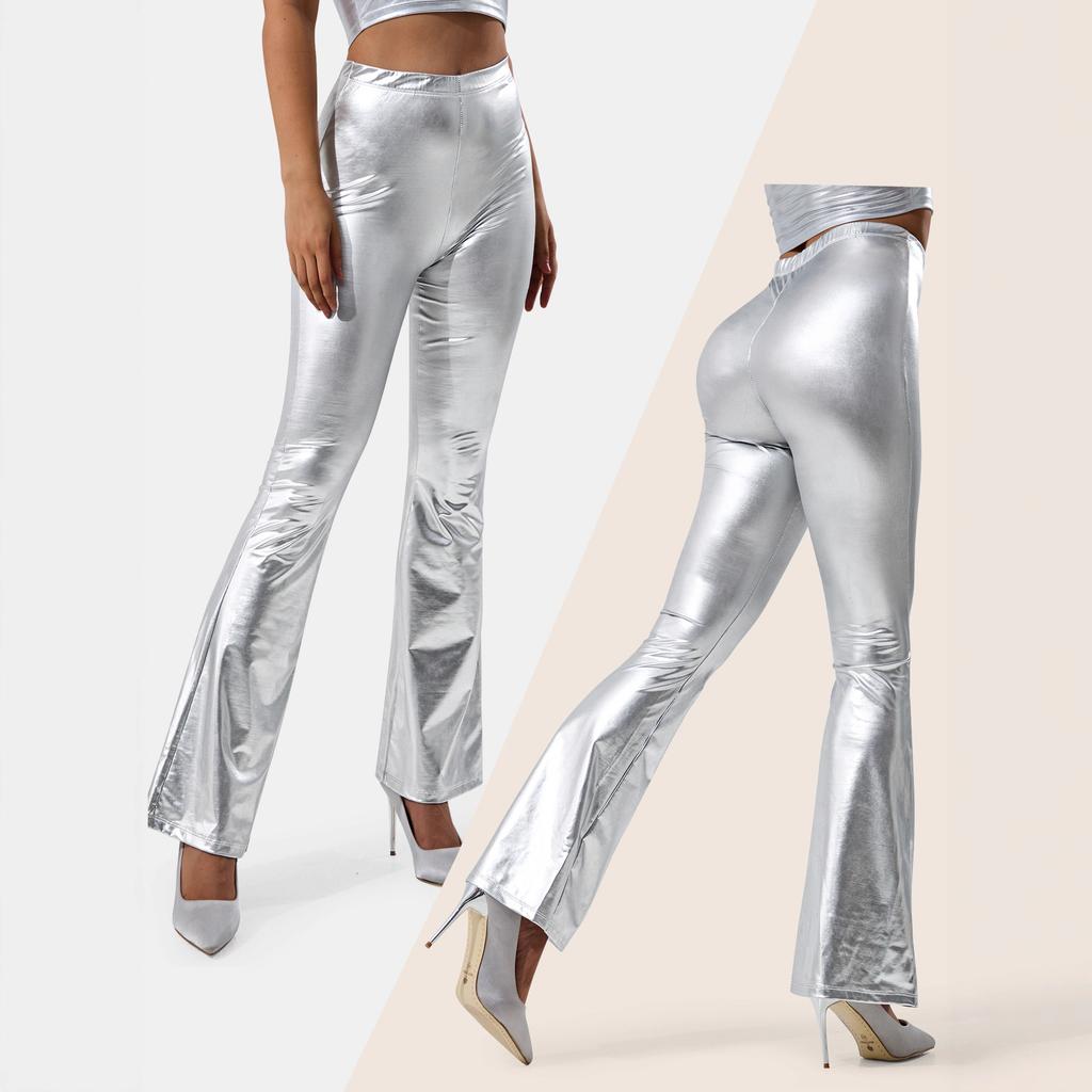 Pantalones Recortados para Mujer con Estampado Dorado Pantalones Largos Acampanados Plateados Casuales de Moda