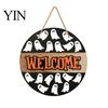 Spooky Party Decorations Halloween Hanging Door Sign, Wooden Front Hanger Wreath, Cute Holiday Decoration Ghost Welcome Sign for Porch Wall
