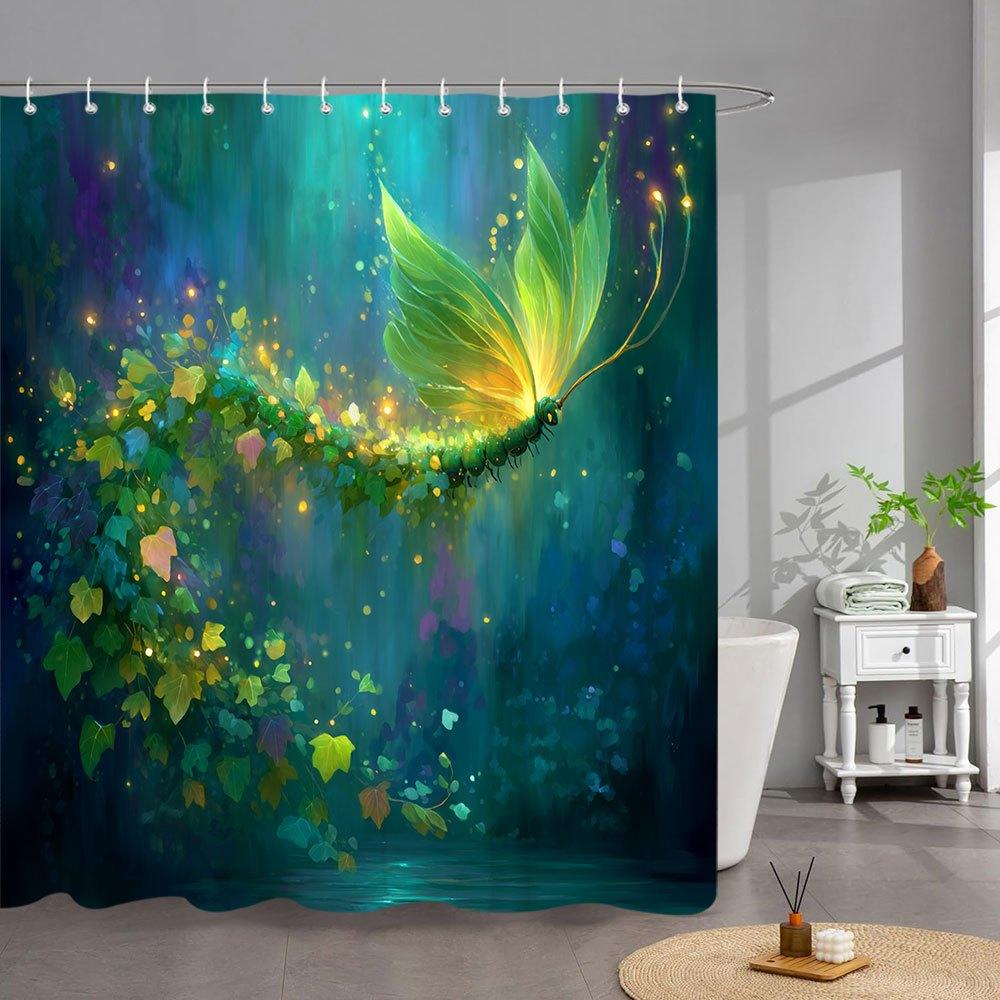 

1pc Enchanted Butterfly Shower Curtain - Translucent Green/Yellow/Orange Wings with Glowing Vines & Teal Aqua Background 90x180cm