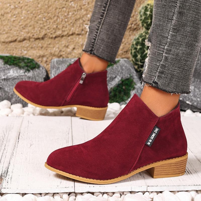Women's Boots Autumn and Winter New Fashion Suede and Bare Boots Side Zipper Square Heel Short Boots