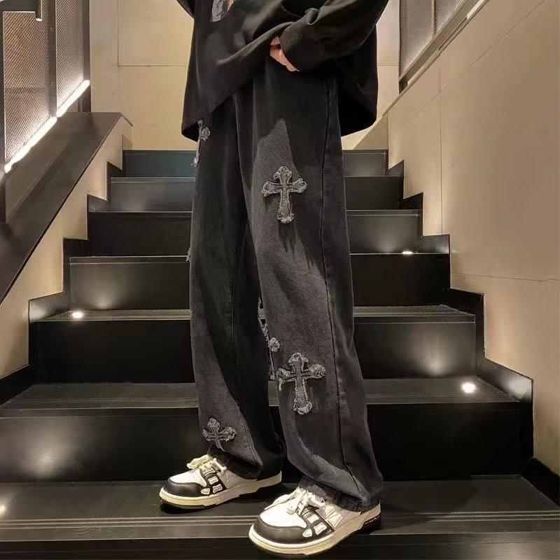 

Мужские винтажные потертые джинсы с эффектом потертости: Осенне-зимняя модная повседневная одежда прямого кроя Medium черный серый