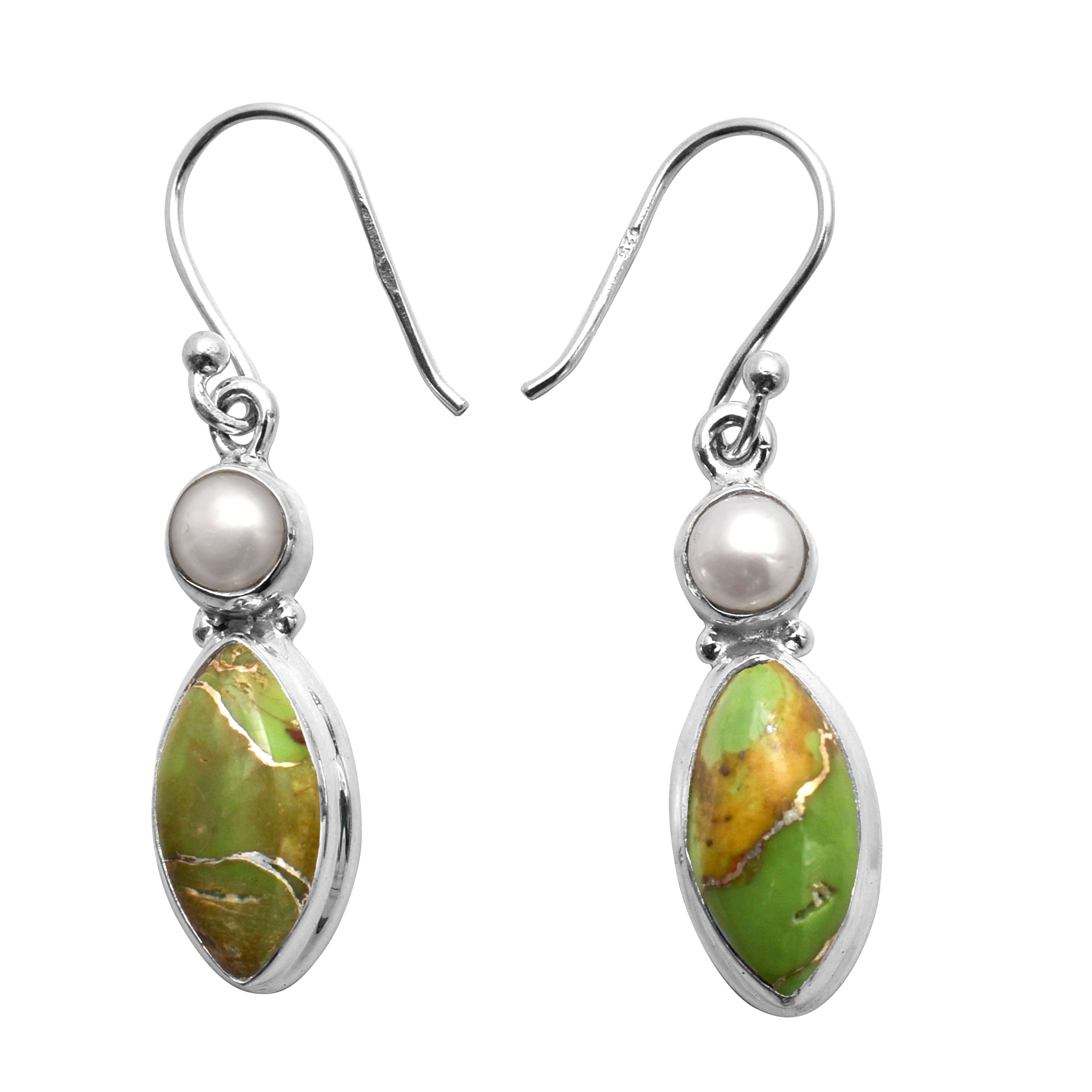 

Green Turquoise, Pearl Gemstone Earrings Solid 925 Sterling Silver Handmade Earrings Jewelry Gift For Women And Girls E-3522