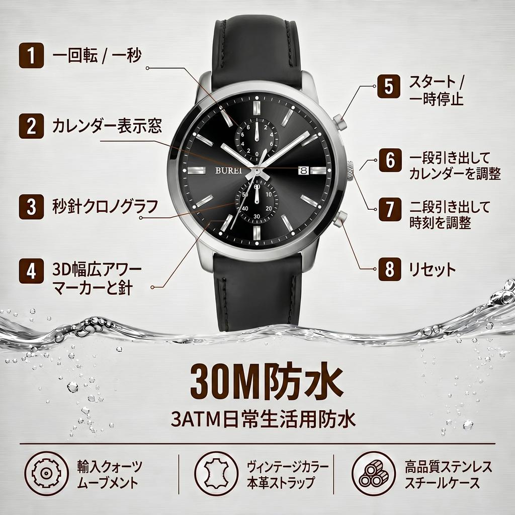 BUREI Brown Leather Date Quartz Simple and Suitable for High School and As a Luxury Gift Men's Watch, Strap, Analog, Display, Movement, Waterproof,