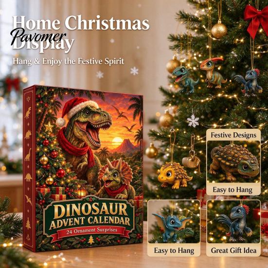 Decorative Acrylic Pendants Christmas Dinosaur Countdown Calendar, 24Pcs Ornament Set with Cute Party Favors Dino Designs, Holiday Tree Hanging Decor