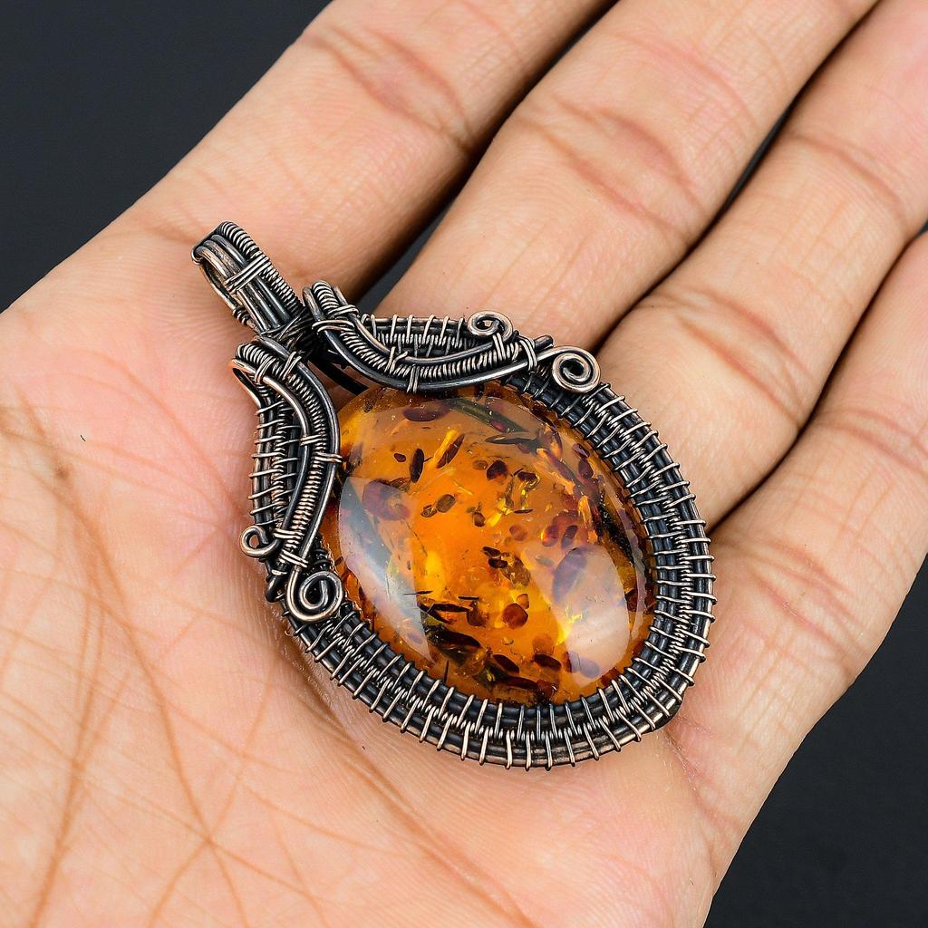 Baltic Amber Pendant, 999 Copper Wire Wrapped Gemstone Jewelry, Handmade Pendant For Mother Day