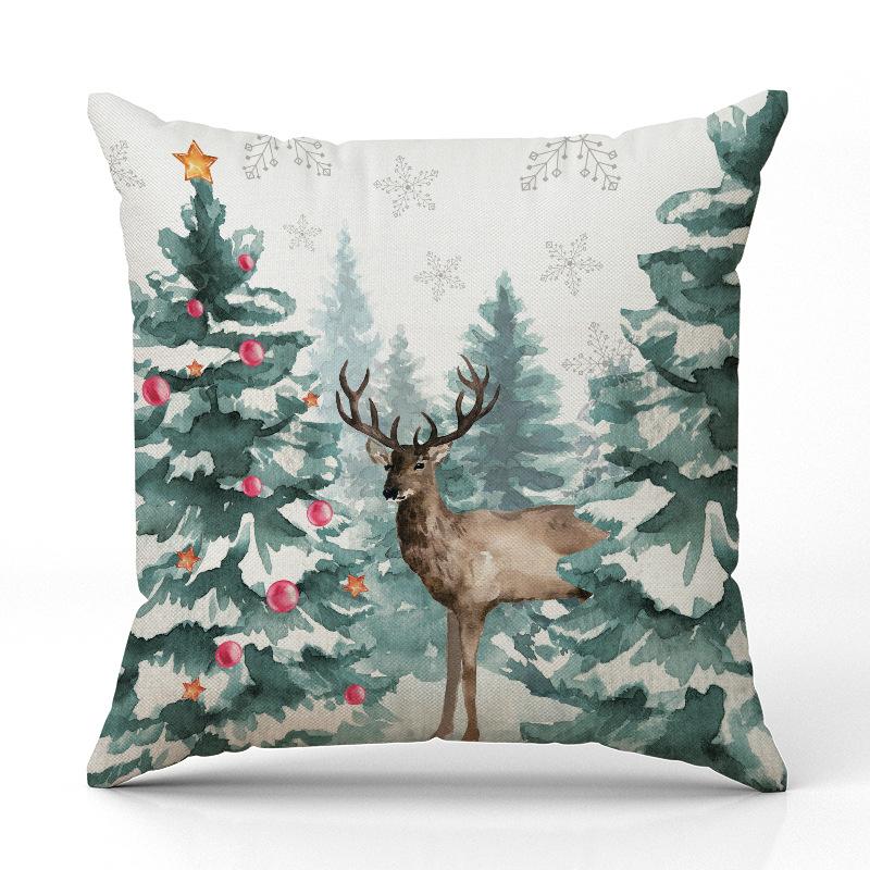 New Christmas Tree Deer Christmas Pillow Cover Linen Printed Pillow Cover Festive Room Sofa Ornament Cushion Cover