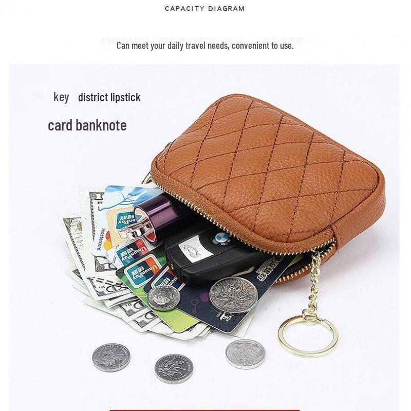 Women's Retro Soft Leather Coin Purse - Mini Diamond Pattern Keychain Wallet with Card Holder & Zipper
