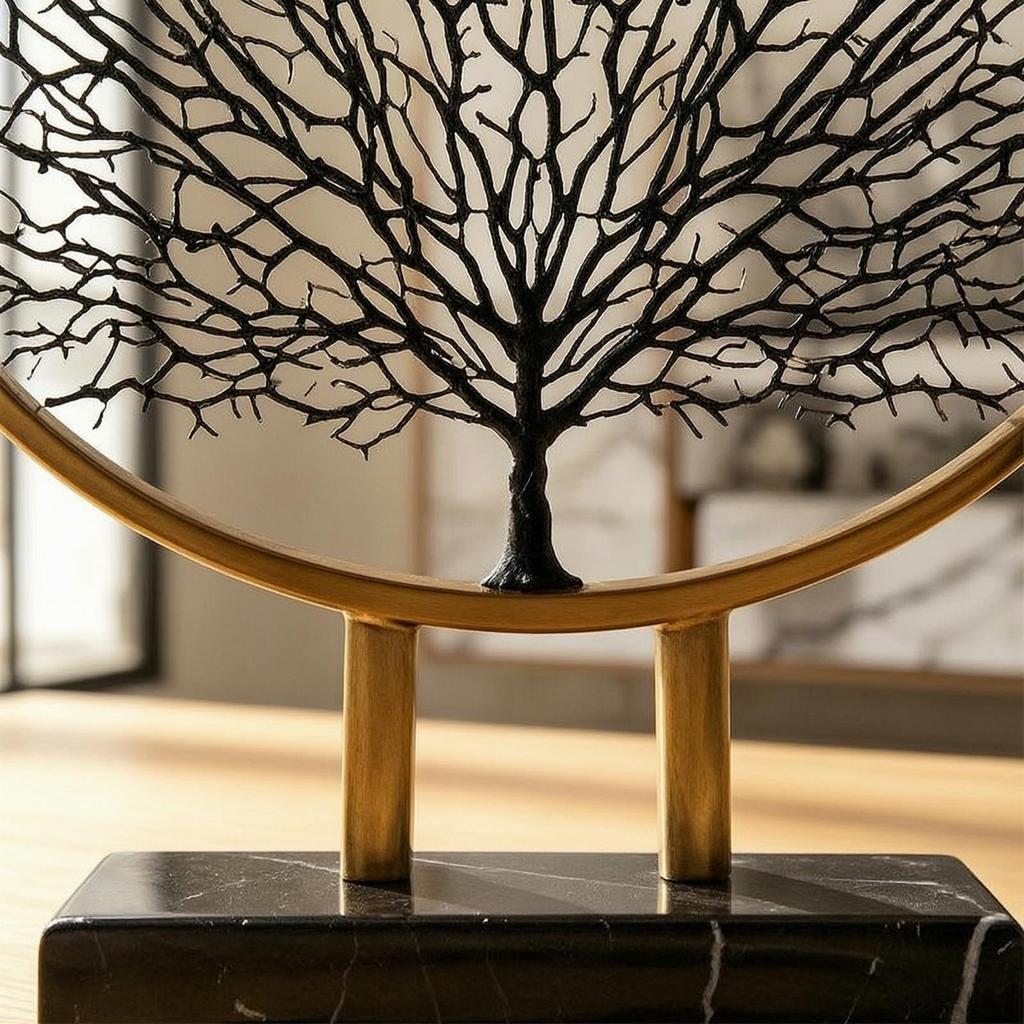 Metal Tree Figure Gold Arboreal Outline with Circular Structure Frame Minimalist