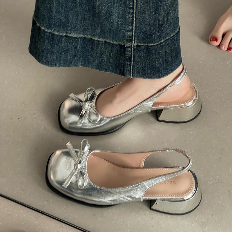 French Fairy Style Bow Bag Head Thick Heel High Heel Sandals Women's Summer New with Skirt Single Shoes Women's Shoes