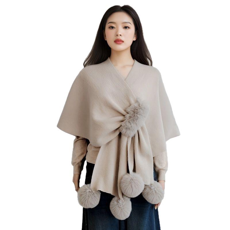 European and American Fur Collar Knitted Pom-Pom Cardigan Shawl
