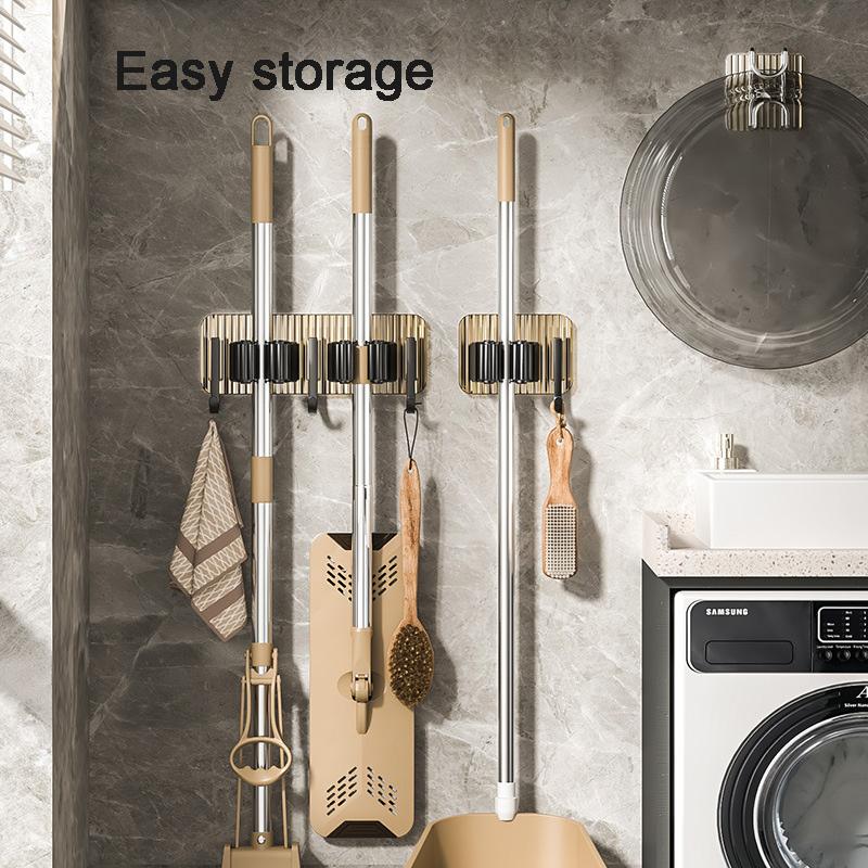 Wall Mounted Punch-free Mop Clamp Bathroom Wall Hanging Mop Rack Broom Storage Rack Multifunctional Hook Multi-use Sticky Hook