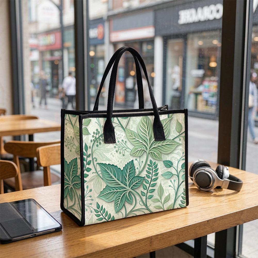 Green Leaves Pattern Casual Tote Bag Portable Daily Use Shopping Shoulder Handbag for Women