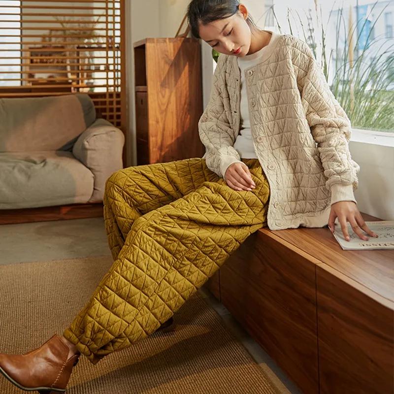 Damskie zimowe grube bawełniane spodnie wierzchnie, luźne, bawełniane spodnie o luźnym stanie i wysokim stanie