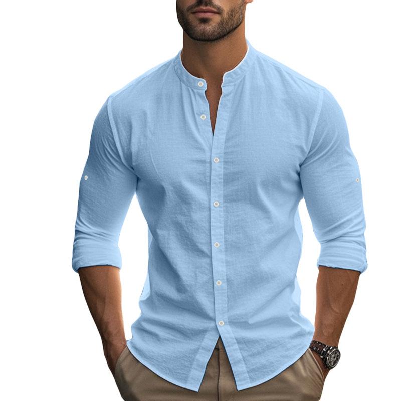 Men S Hawaiian Style Cotton Linen Blend Stand Collar Long Sleeve Casual Shirt