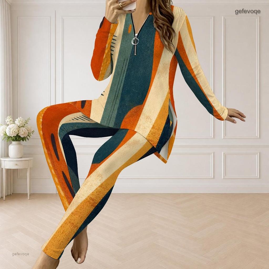 Women Plus Size Geometric Printed Half Zip Long Sleeve Top Fitted Long Pants Two Piece Set