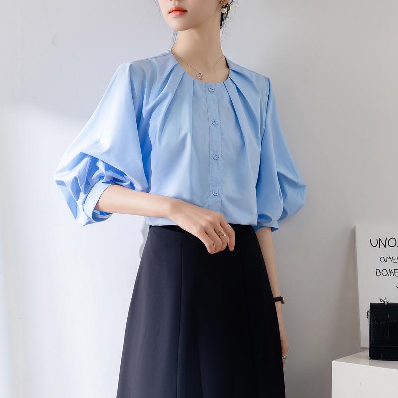 

GMXIA Женская простая рубашка, летняя блузка в пригородном стиле, средний рукав XL синий