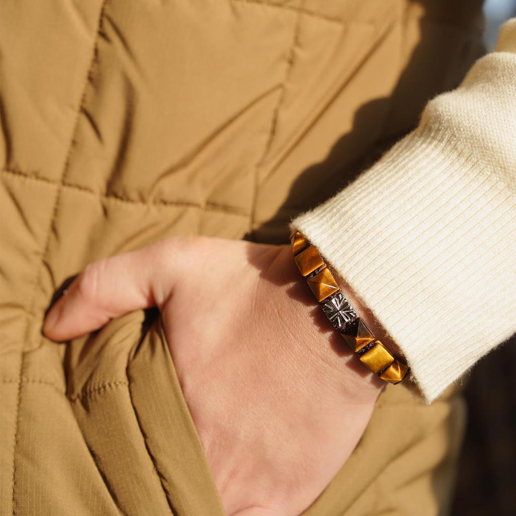 AWNL Men's Flat Bead Bracelet in 925 Sterling Silver with Tiger Eye Stone Center Charm, Braided Bracelet for Men (9.5mm Stone), 15.5cm-17cm