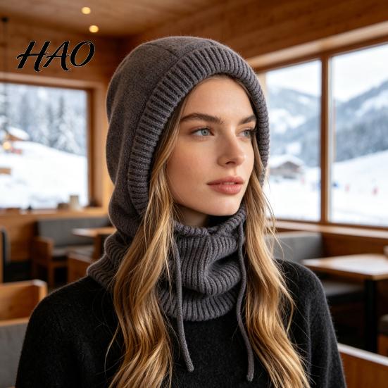 Integrated Scarf And Hat for Winter Balaclava Men Women, Windproof Wind Resistant Tactical Mask Knitted Hooded Neckerchief, Adjustable Drawstring
