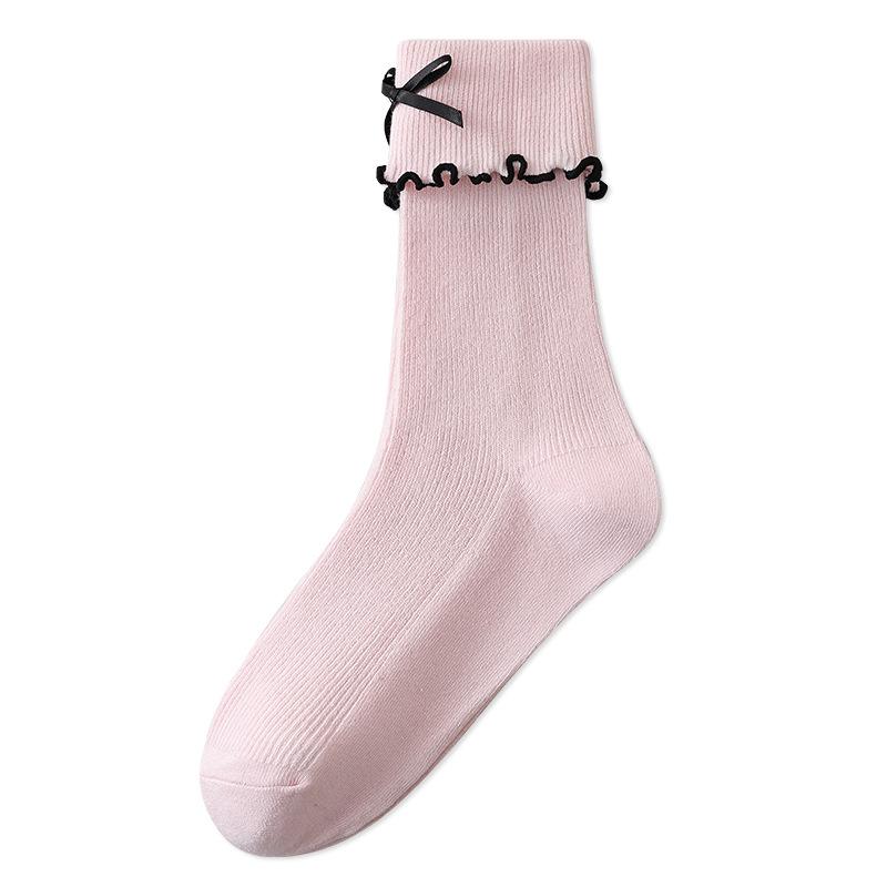 

Женские весенне-осенние носки с двойной иглой, бантом, свободные, кружевные, со сборками, с краями в виде черного гриба 1 pair светло-розовый