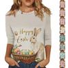 Women's Fashionable Casual Easter Bunny And Egg Print Neck Three-Quarter Sleeve T-Shirt