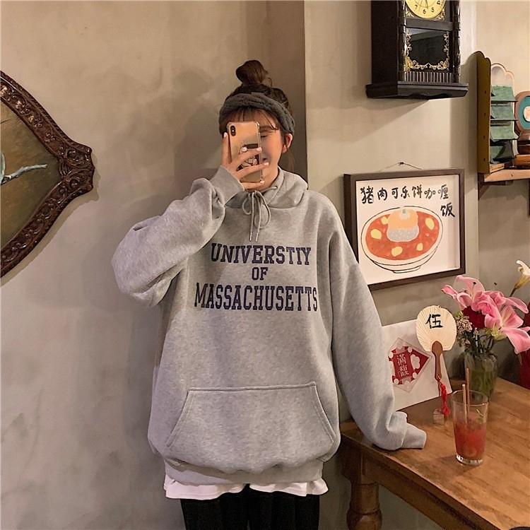 Women Warm Soft Hoodies Padded Sweater Female College Style Loose Medium-length Letters Printed Casual Wildcard Retro Simple Literary Long-sleeved