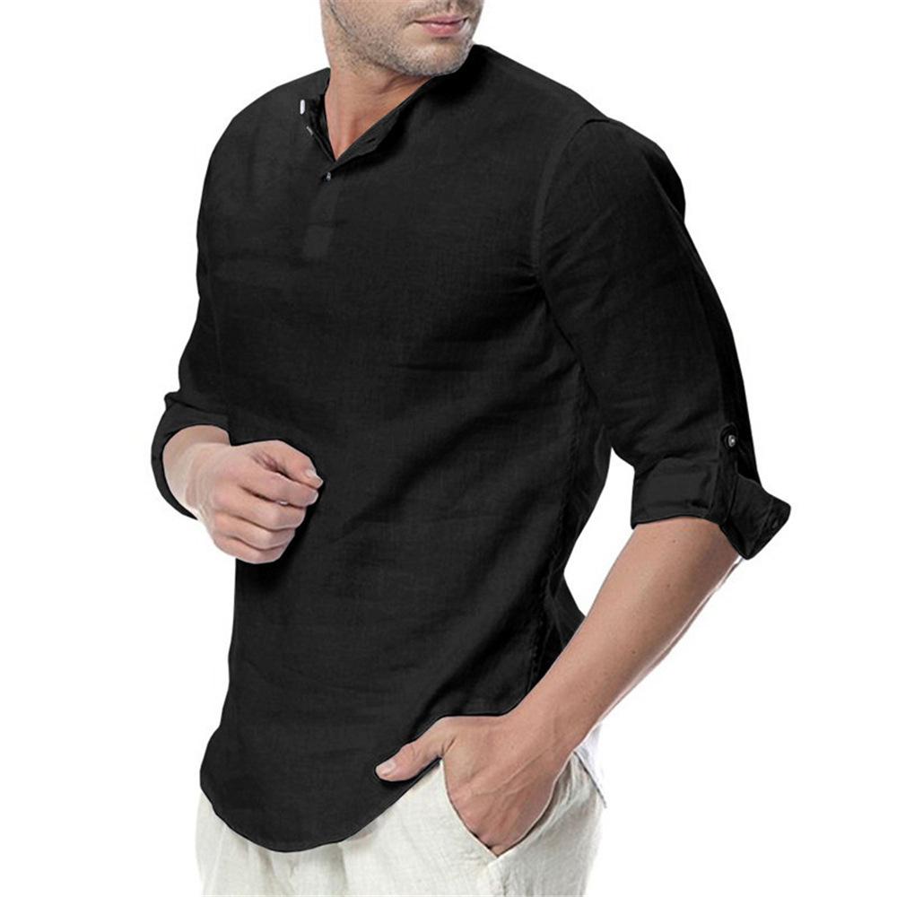 White Black Long Sleeve Classic Shirt Men's Roll Up Tops Breathable Soft Casual Solid Color Shirts