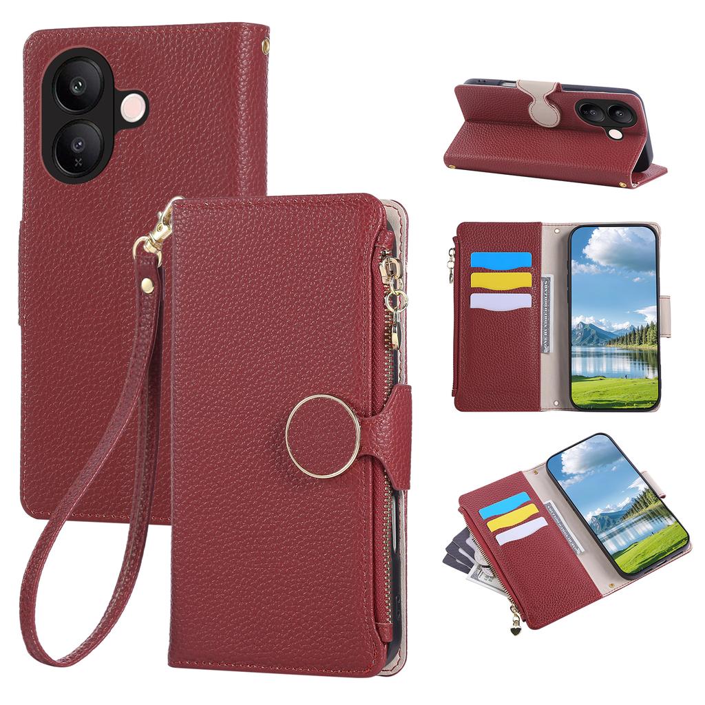 For vivo V60 Lite 5G Case Zipper Wallet Leather Phone Cover with Wrist Strap