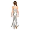 Girls Metallic Disco Outfit Sequins Sleeveless Backless Halter Crop Top Split Bell Bottom Flared Pants