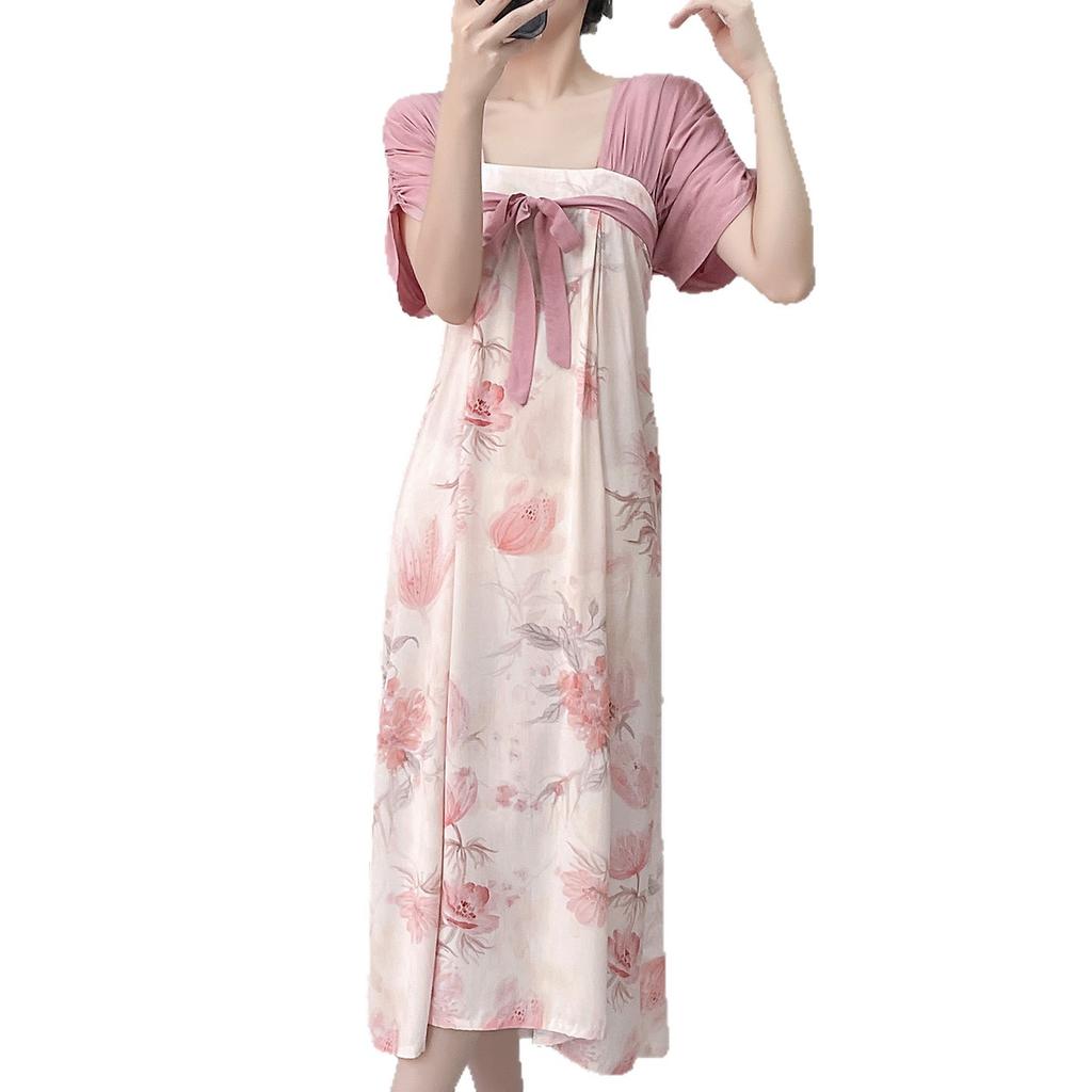 Short-sleeved cotton silk nightgown women's summer square collar improved Hanfu national style cotton silk skirt loungewear can be worn outside
