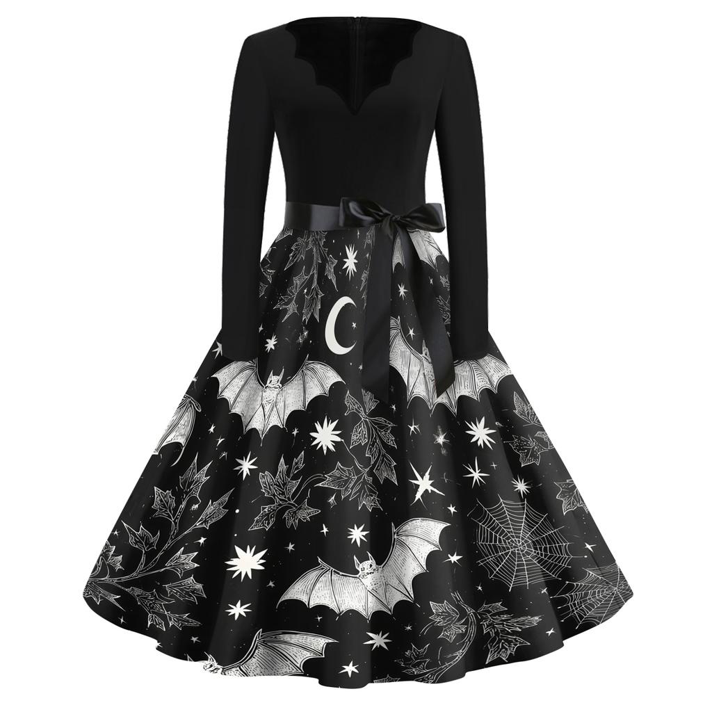 Women's Vintage V Neck Dress Halloween Print Long Sleeve Casual Retro Style Dress with Flared Skirt and Waist Tie for Seasonal Wear