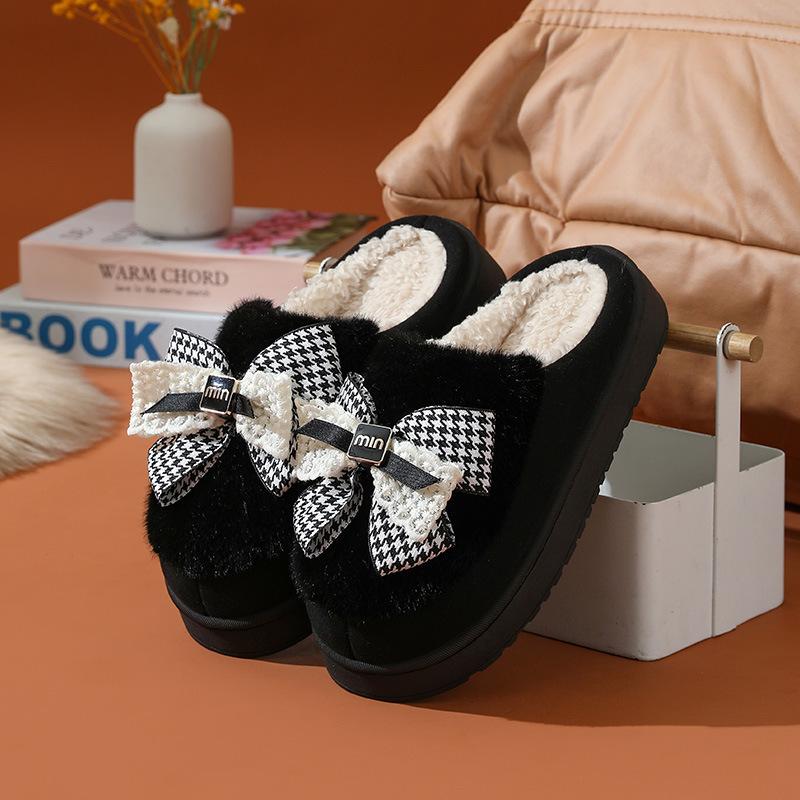 Bow Cotton Slippers Women's Winter Indoor Home Thick Bottom Warm Cute Plush Household Cotton Mop
