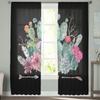 Black Background Cactus Tulle Curtains Balcony Room Fashion Printed Sheer Curtain Living Room Window Modern Decor