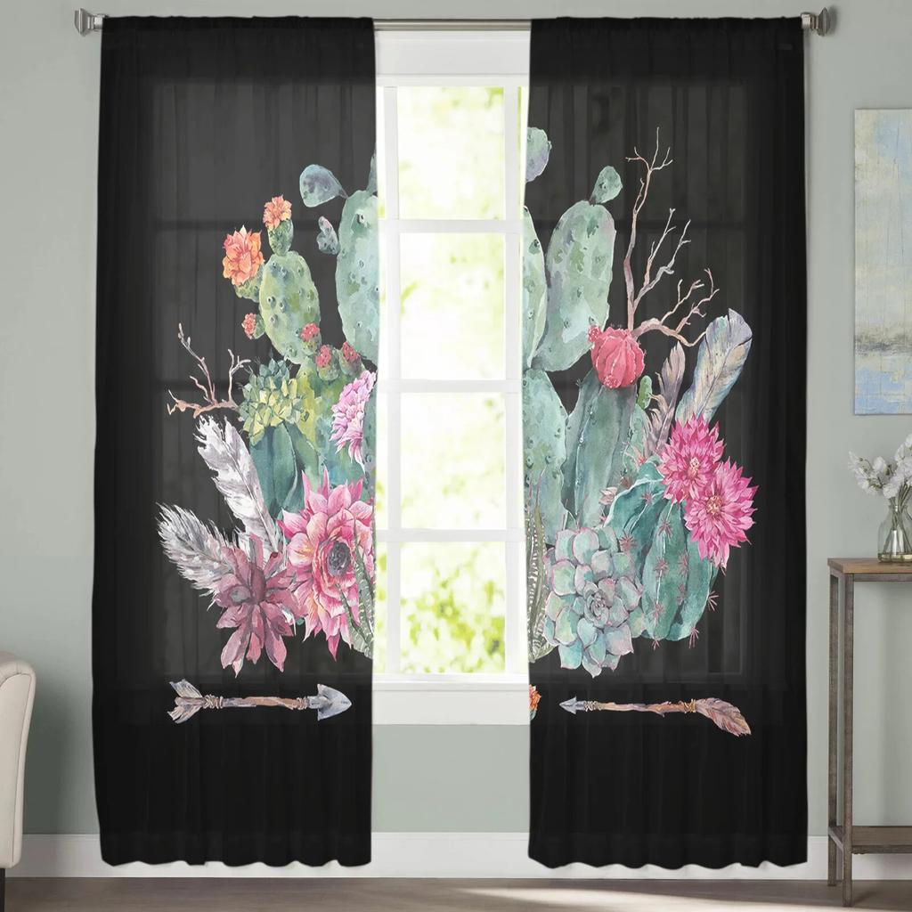 Black Background Cactus Tulle Curtains Balcony Room Fashion Printed Sheer Curtain Living Room Window Modern Decor