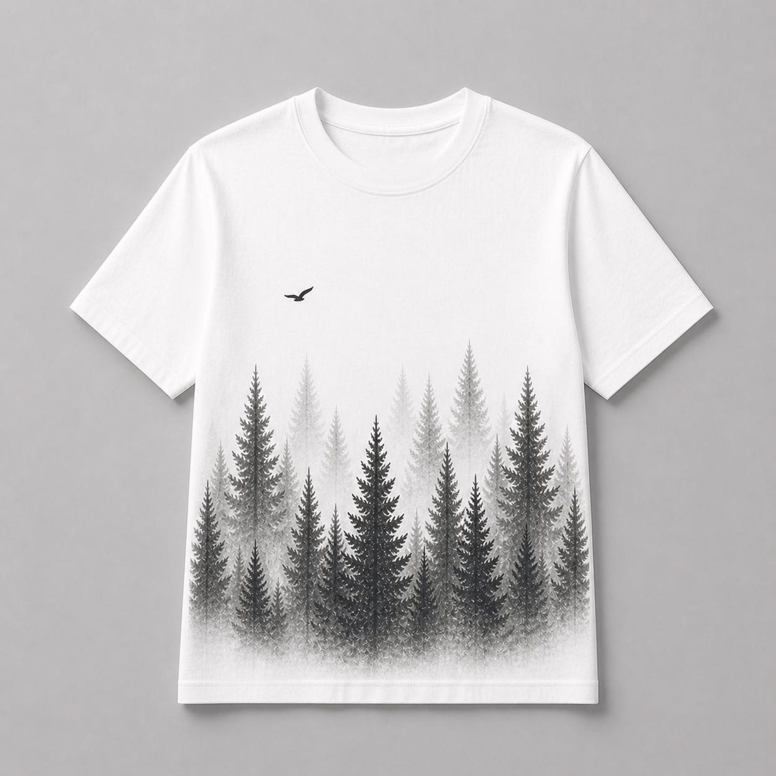 Misty Pine Forest Gradient T-Shirt – Minimal Nature Fade Graphic Tee M