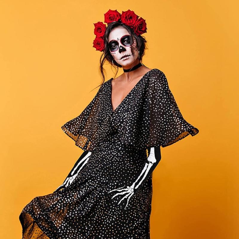 Halloween Skeleton Gloves Short Long Full Finger Bone Print Mittens Dress Party Costume Accessories for Women Men