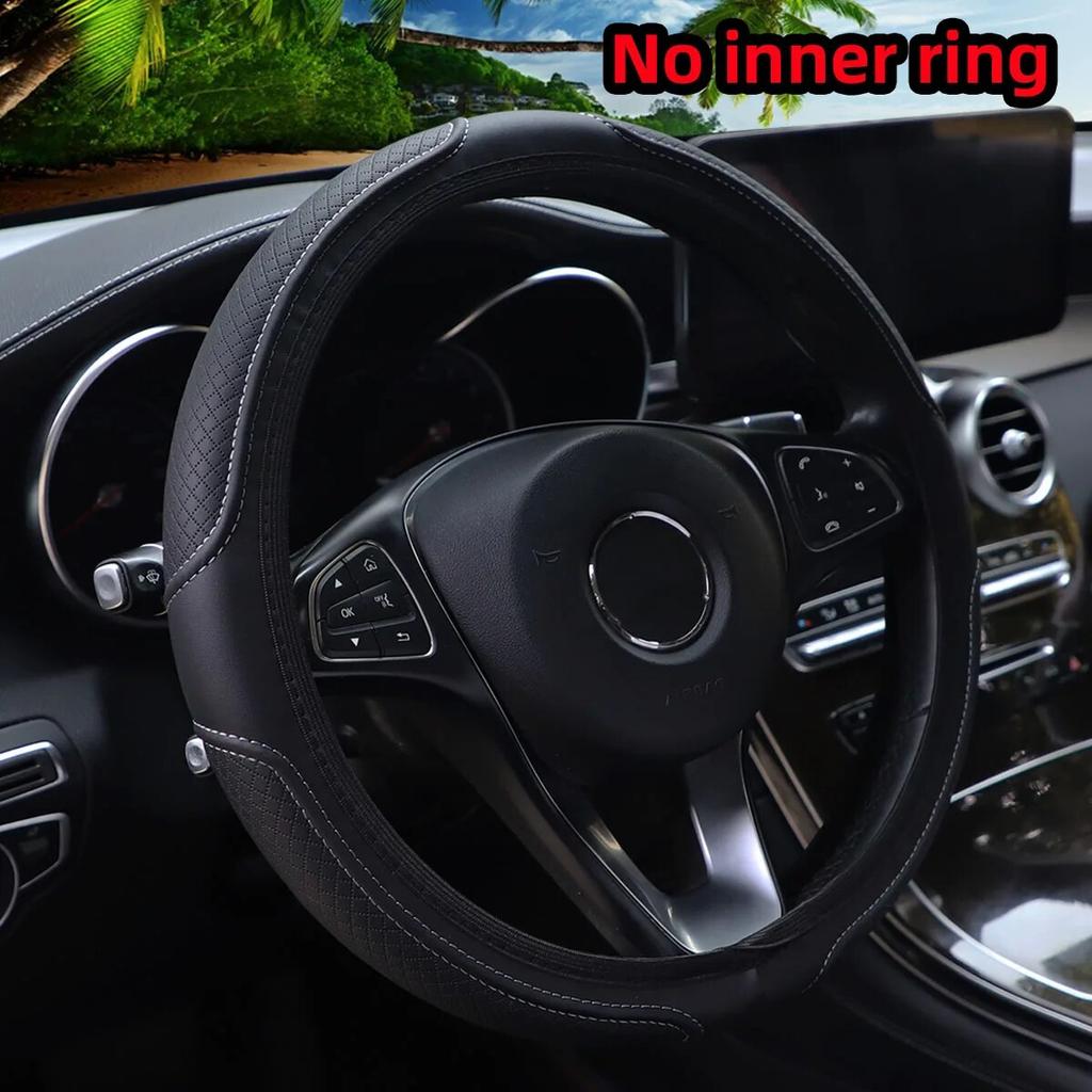 PU Leather Three-dimensional Double-line Checkered Embossed Car Rimless Steering Wheel Cover for Car Decoration Items