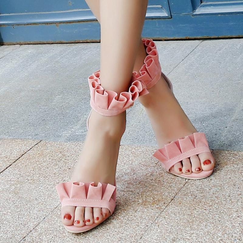 Women Summer High Heel Sandals Sweet Ruffle Thin Heels Shoes Woman Sexy Ankle Strap Buckle Pump Sandales Plus Size 34-48 WSH3892